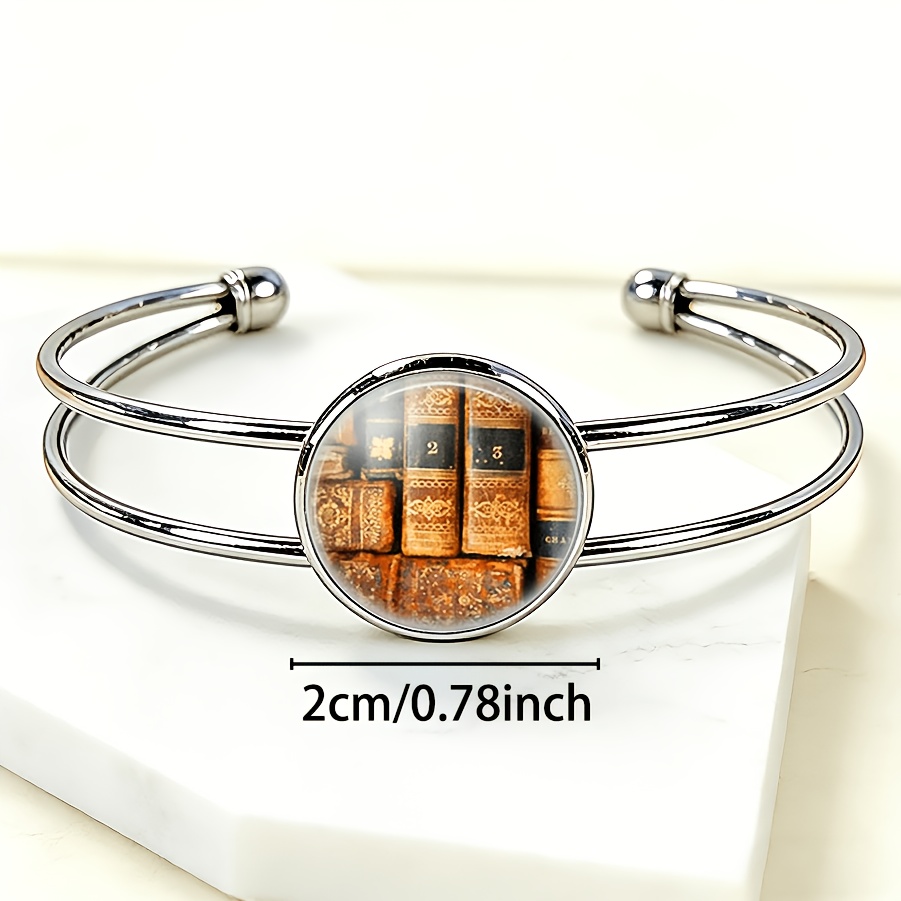 Women's Adjustable Round Time Gemstone Inlaid Bangle with Ancient Books Design